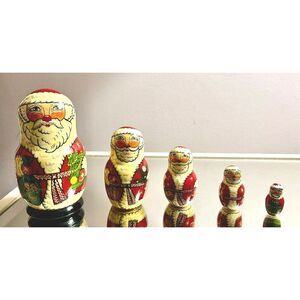 Vintage Russian Wooden Santa Matryoshka Nesting Hand-Painted 5 Dolls Christmas